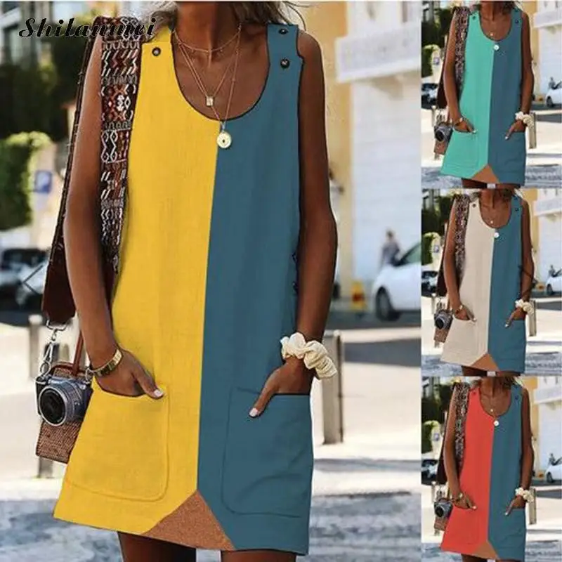 

Women Summer Beach Dresses Causal Loose Patchwork O Neck Sleeveless Dress With Pockets Female Buttons Linen Strap Sexy Vestidos