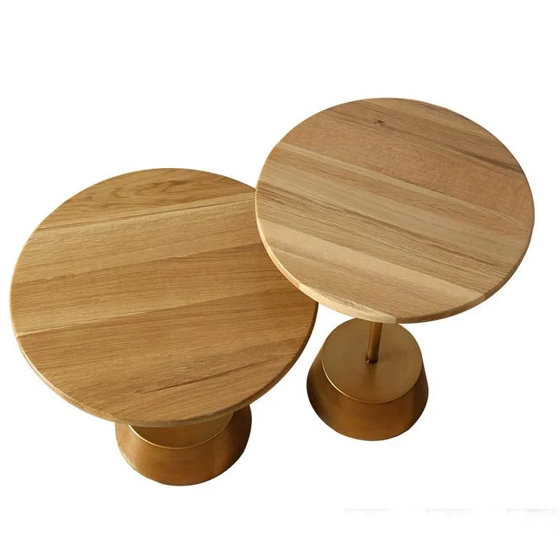 Round Oak Wood End Table Living Room Metal Base Oak Wood Top Coffee Table