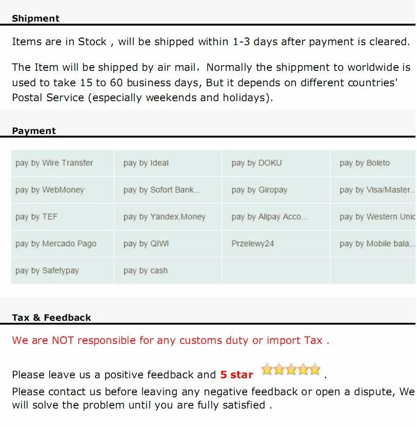 1 payment shippment feedbacks