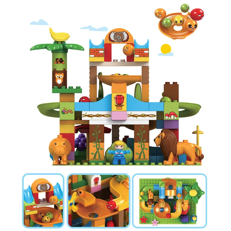 

63-109pcs Animals Buildings Blocks Marble Race Run Maze Ball Track Blocks Compatible LegoINGly Duploe Funnel Slide Bricks Toys