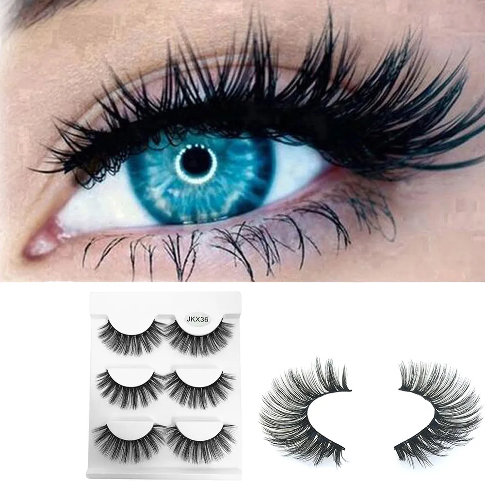 

Fake Eyelashes Handmade 3 Pairs NO: JKX36 Luxury 3D False Lashes Plastic Black Terrier Fluffy Strip Eyelashes Natural Party Use