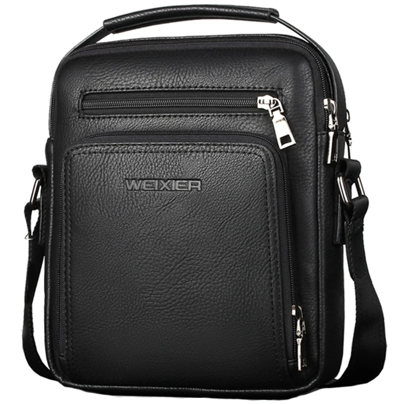 cheap WEIXIER Casual Men Crossbody Bags Pu Leather Messenger Bag Designer Men Handbag Top Male Shoulder Bags(Black)