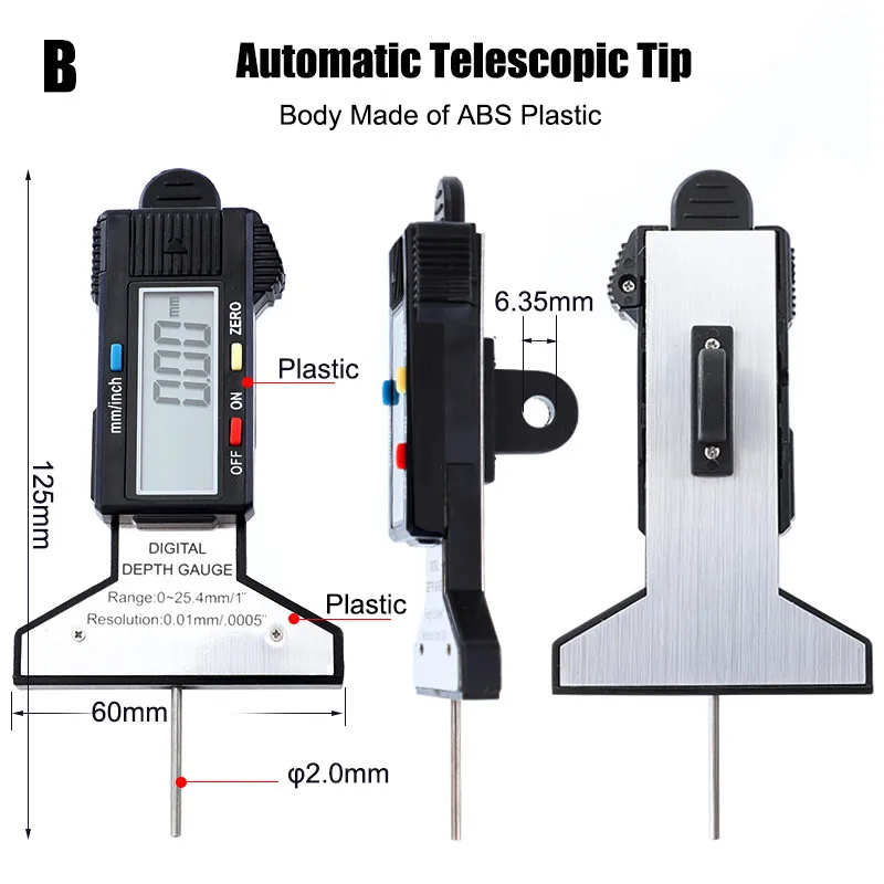 Цифровой измеритель глубины 0-25,4 мм/0,01 мм метрический/дюймовый датчик глубины протектора колеса светодиодный штангенциркуль 1 шт - Цвет: B