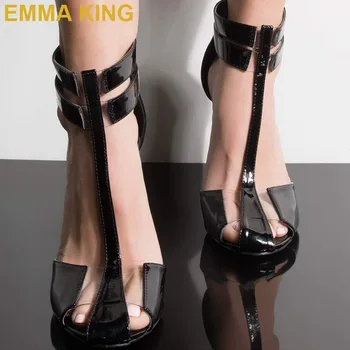 

Black & Clear Patchwork Chunky Heeled Sandals Ankle Strap Women Summer Sandals Sexy High Heels Fashion Women's Pumps Sandals New