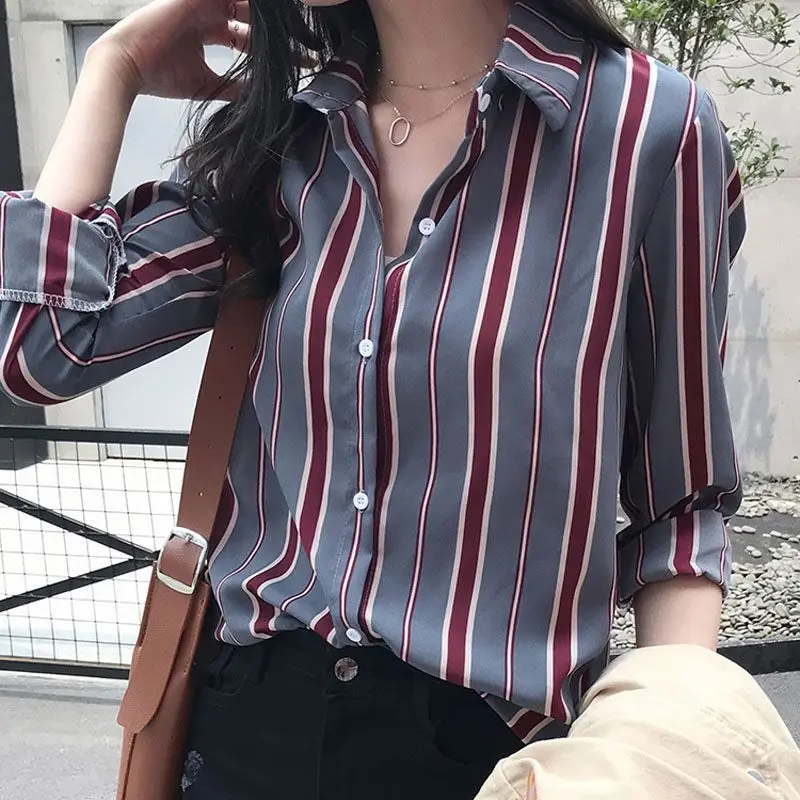 

Clothes Woman Vintage Woman's shirt Long Sleeve Casual Blouse Temperament Striped Print Loose Turn-down Collar Tops