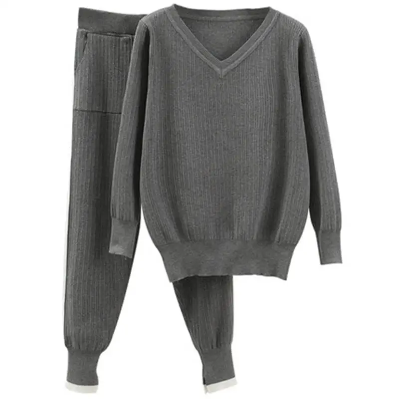 Fall High-Quality Fashion Casual Ladies Knit Sweater Trousers Set of 2 V-Neck Long-Sleeve Pullover Jacket |