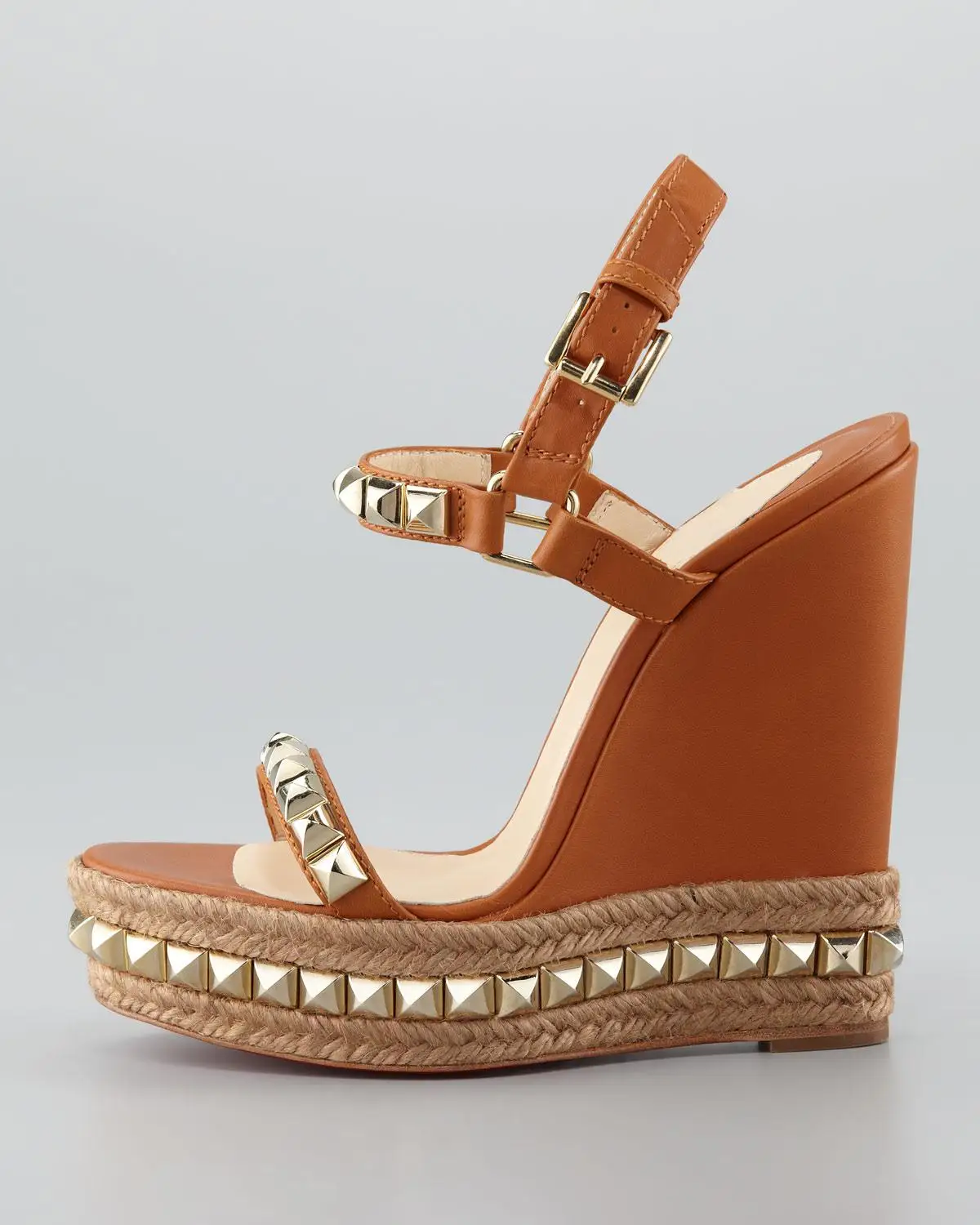 

Moraima Snc Super High Wedge Sandals for Woman Brown Leather Rivets Studded Platform Heels Ladies Cutouts Ankle Strap Sandal