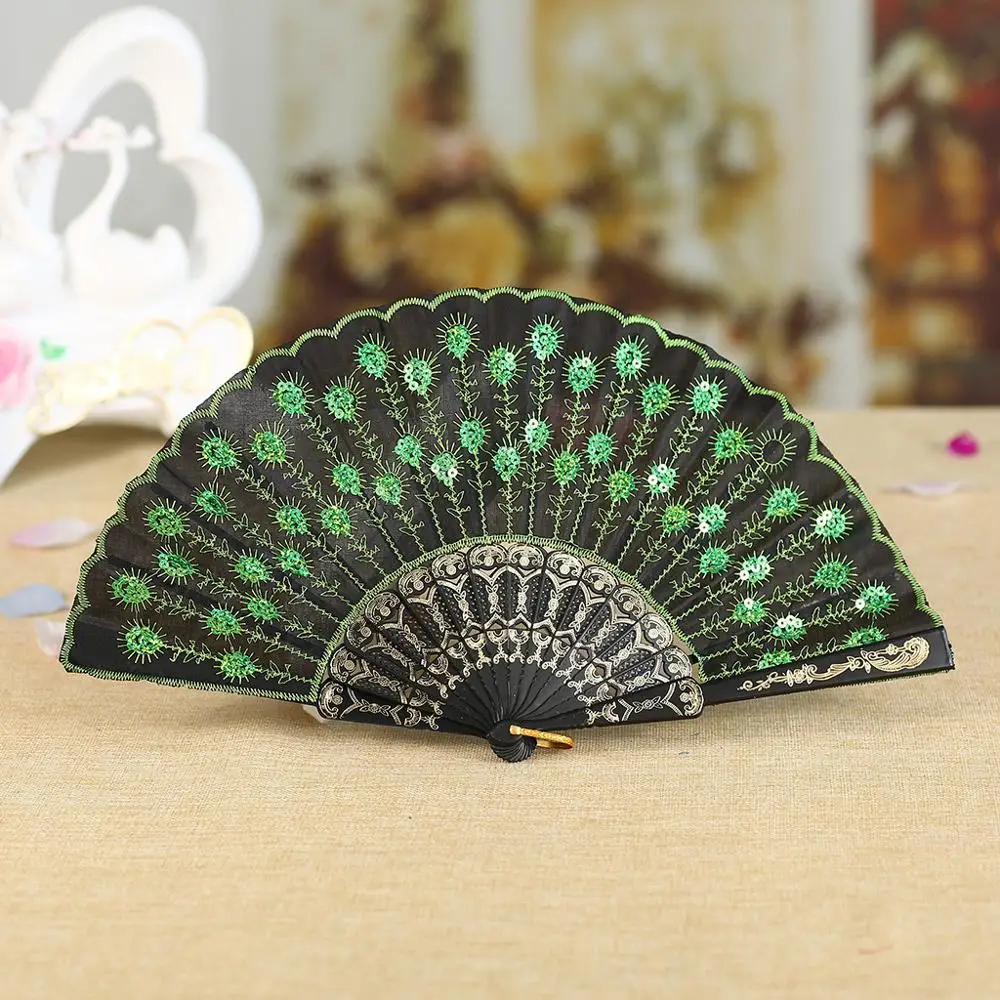

Chinese Style Wood And Lace Fan Best Chinese Style Dance Wedding Party Lace Silk Folding Hand Held Flower Fan Peacock #sx