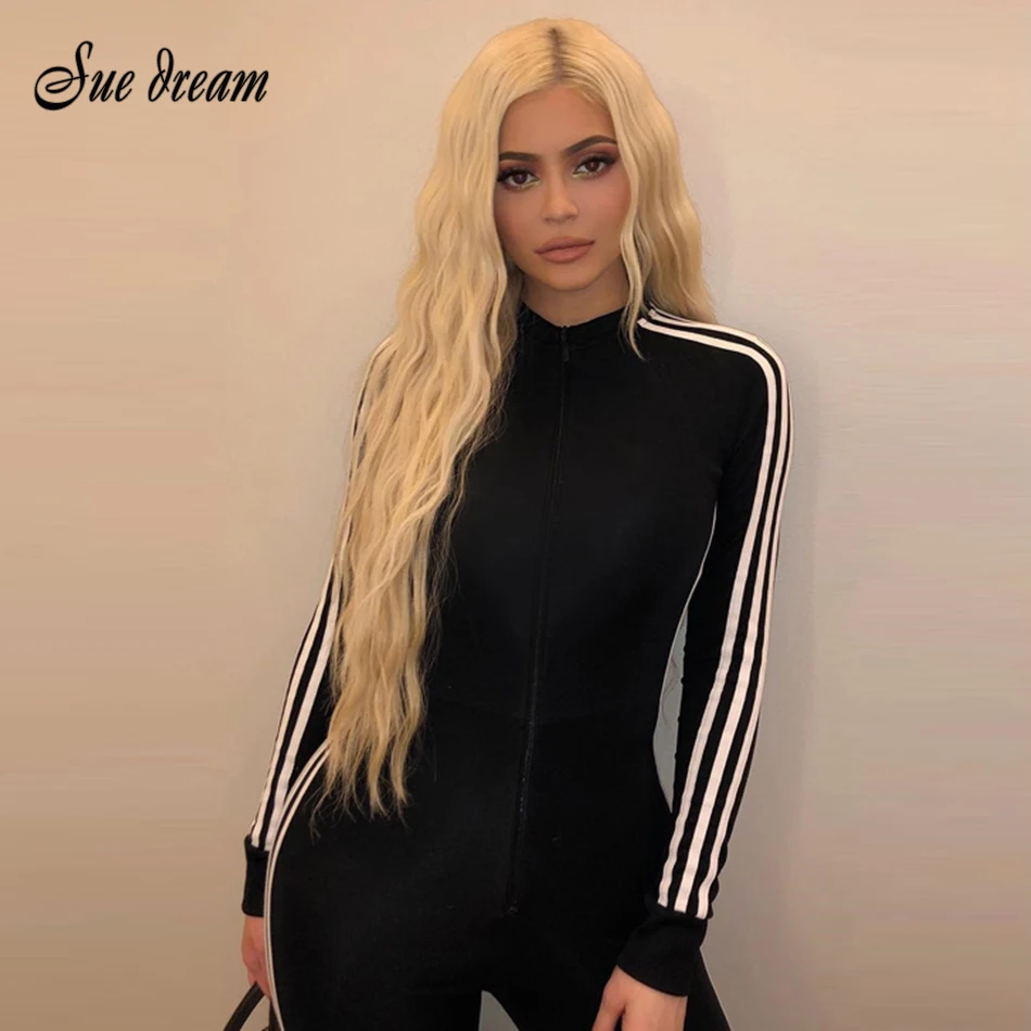 

2019 new fashion black long-sleeved jumpsuit side stripes fitness clothes round neck zipper sportswear