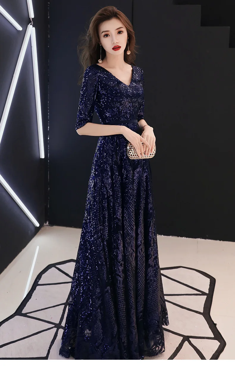 Синее вечернее платье с блестками Новая мода Половина рукава сексуальный v-образный вырез А-Силуэт платье для выпускного вечера от кутюр