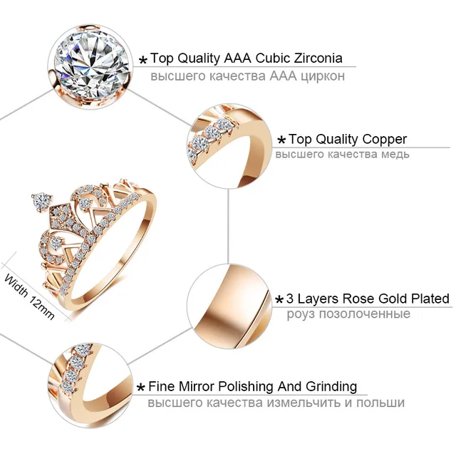 Princess Crown Rings for women AAA cubic zirconia micro pave engagement wedding ring 1