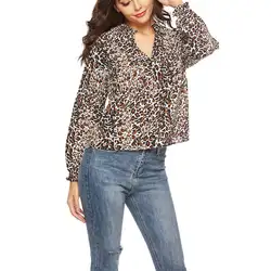 Сексуальная Вышивка Леопардовый принт v-образный вырез шифоновые свободные рубашки женские с длинным рукавом Повседневные нижние Топы