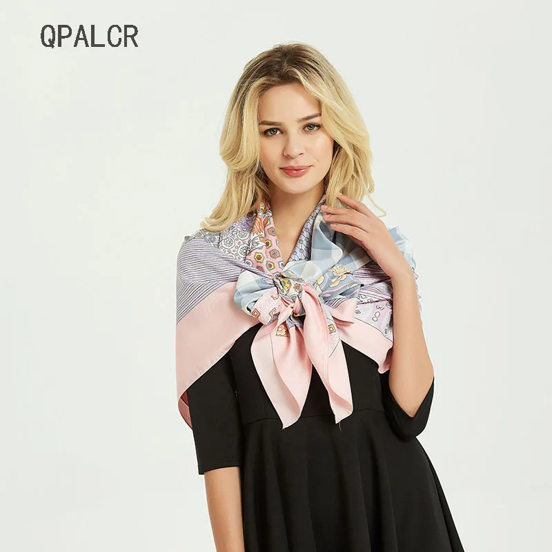

QPALCR Luxury Brand Silk Scarves For Women Print Foulard Satin Square Head Hijab Scarfs Beach Shawls Bandana Large Scarf 130*130