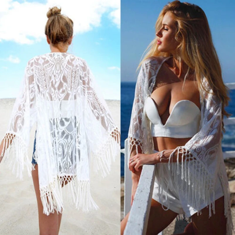 

Women's Fashion White Lace Blouses Floral Bikini Cover Up See through Bathing Suit Swimwear Beach Dress for Summer