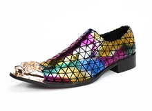 New Italian Fashion Designer Gold Dragon Toe Oxfords Shoes for Men Genuine Leather Colorful Plaid Dress Shoes Men Wedding Flats