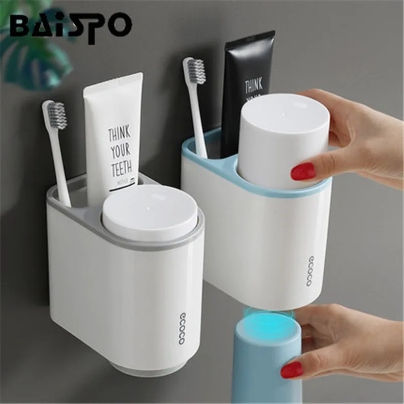 

BAISPO Creative Magnetic Toothbrush Holder Wall Mount With 2 Cup Home Toothpaste Shaver Shelf Storage Bathroom Accessories Set
