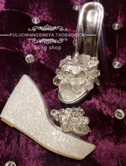 ФОТО The new 2016 sandalsCrystal transparent sew-on rhinestone gem claw drill platform wedges sandals slippers
