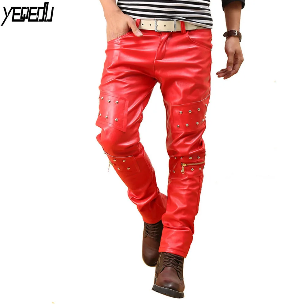 2221 Faux Leather Pants For men Punk Red PU Leather Motorcycle Hip Hop