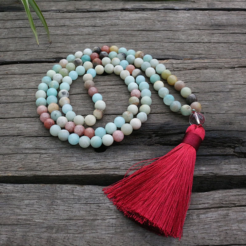 

8mm SunStone And Amazonite Stone JapaMala Beads, 108 Mala Necklace, Natural Stone, Meditation Mantra Beads, Spiritual Jewelry