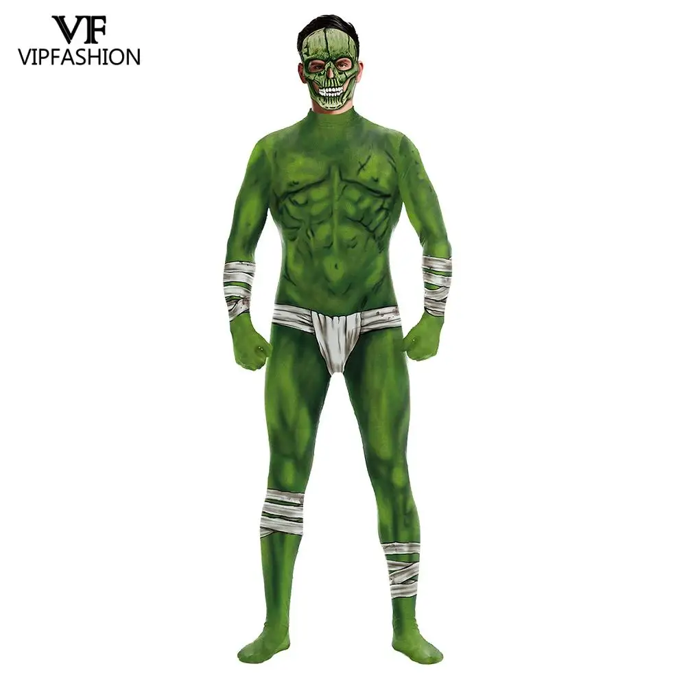 

VIP FASHION Womens Halloween Terrifying Green Orc Costume Villains Printed Stretch Skinny Catsuit Monster Costume