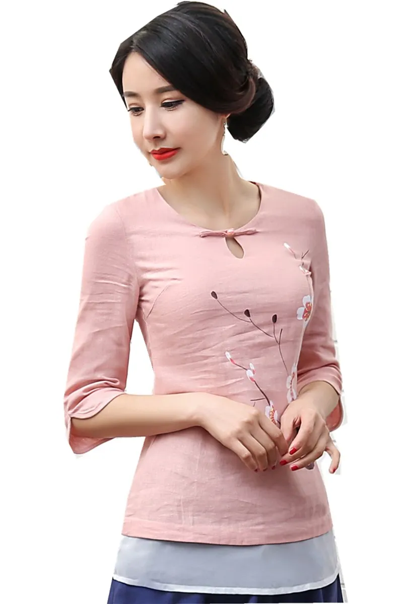 

Shanghai Story New Sale 3/4 Sleeve cheongsam top Chinese traditional tops Chinese Linen blouse top for women Pink