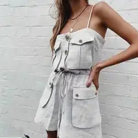 2019 Safari Style Spaghetti Strap Jumpsuit Women Open Button Lacing up Bow Waist Short Pants Romper Cotton Linen Playsuits - Image 2