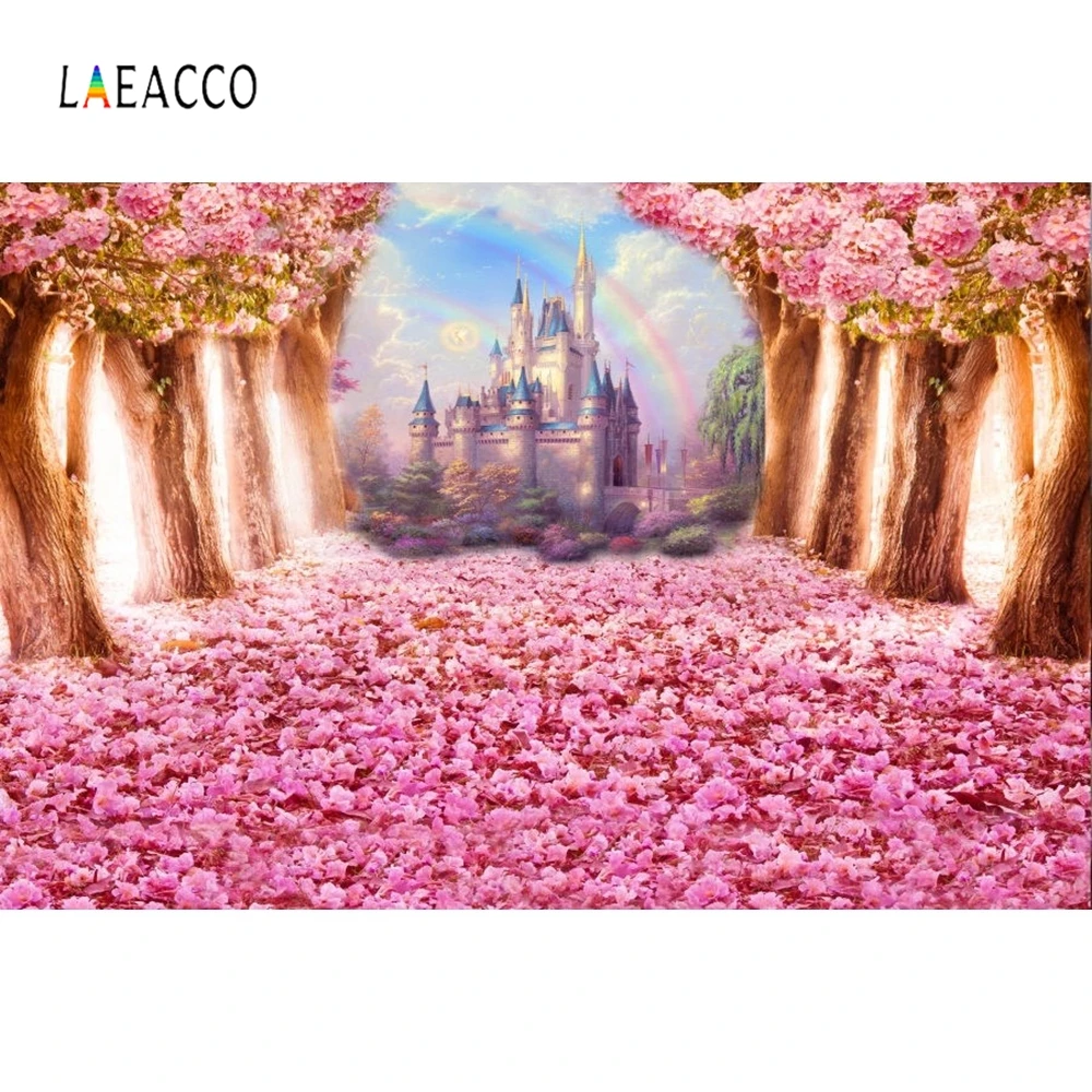 

Laeacco Flowers Spring Personalized Backdrops Party Blue Pink Rainbow Fairy Tale Castle Photography Backgrounds For Photo Studio