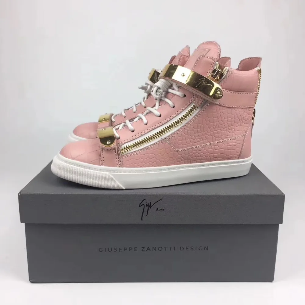 

Authentic Giuseppe x zanotti design Pink Crocodile Skin GZ Hight Top Sneakers Women Flat Casual Shoes Lady Trainers