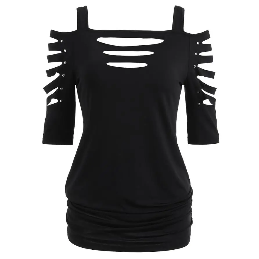 

Womens Fashion Shoulder Cut Lacerated Sleeve T-shirt Hollow Out Casual Tops Sleeve Clip Pins Hollow Tops