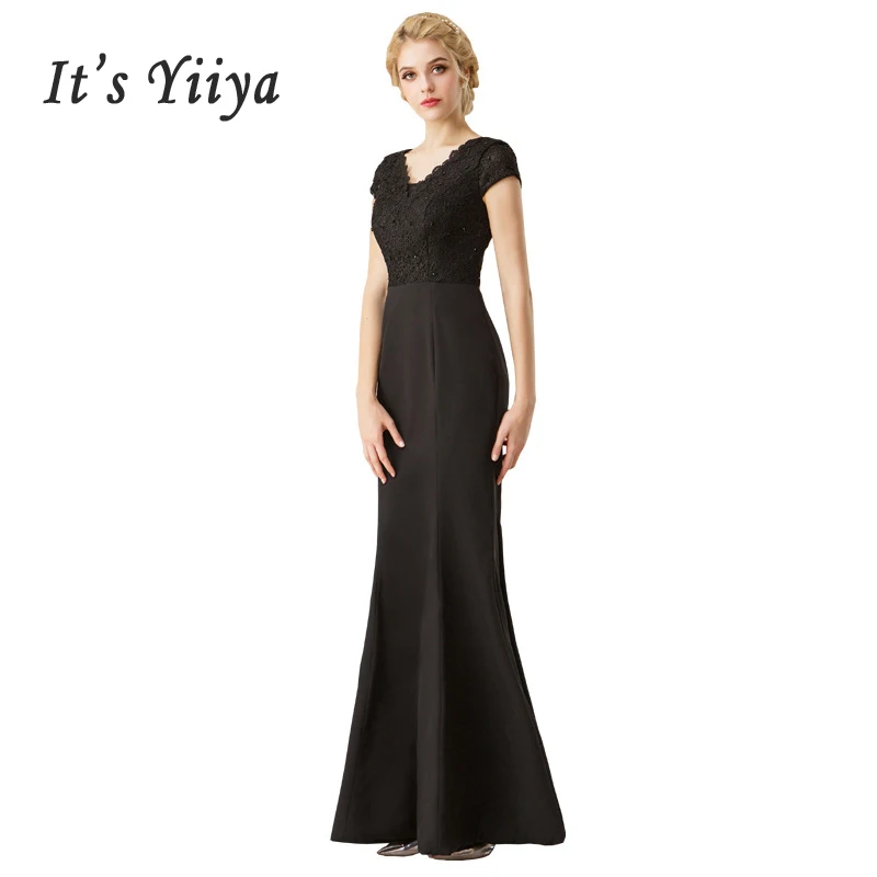 

Evening Dresses Black Sexy Lace Prom Dress 2019 V-neck Slim Robe De Soiree Long Plus Size Short Sleeve Women Party Dresses E567