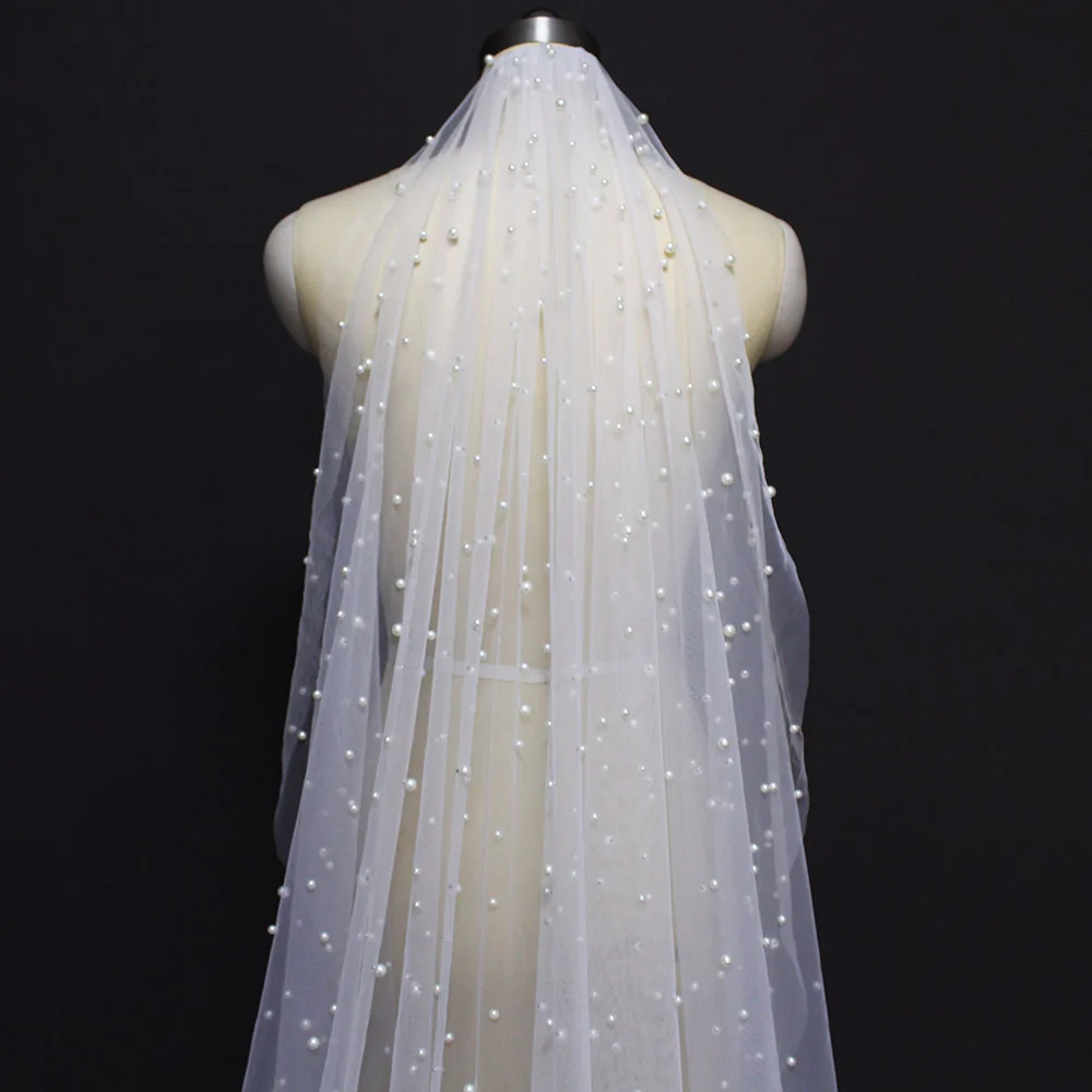 Customized Long Pearl Veil One Layer 3M Bridal Veil Cathedral White/Ivory Wedding Pearls Bride Accessories Bridal Veil