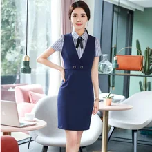 Форменные стили Формальные 2 шт с платьем и блузками Тонкий Модный летний бизнес рабочая одежда элегантные пиджаки наборы темно-синий