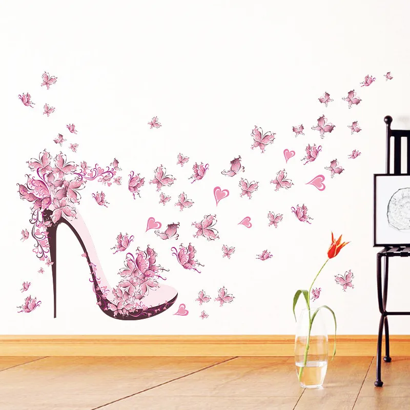 

Flying Butterflies High Heel Shoes Heart Flower Wall Sticker PVC Wall Decals Home Decor Girl's Room Decor Poster Mural