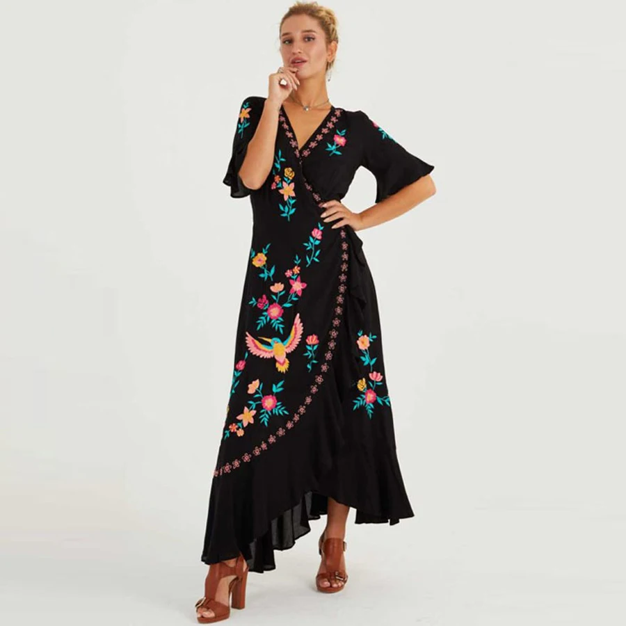 

TEELYNN boho long dress vintage black floral embroidery sundress flare sleeve summer dresses cotton wrap women dresses vestido