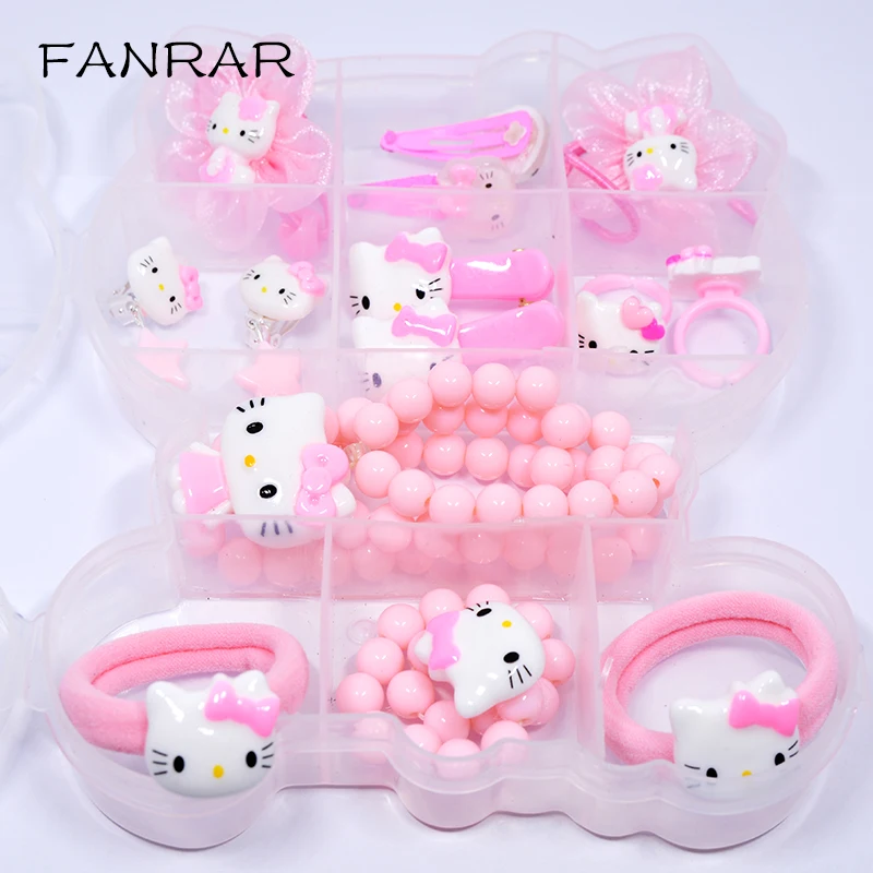 

14 pcs/set girls Jewelry Sets Cute pink Hello Kitty Imitation pearls Necklace Girls Bracelet Rings Ear clip Hair Baby Party Gift
