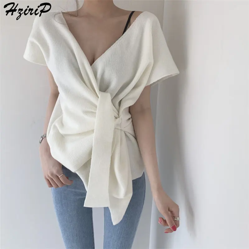 

HziriP 2019 Autumn Summer Pleated Solid Sweaters Women Knitted V-Neck Warm Sexy All-Match Bandage Short Sleeve Casual Sweater