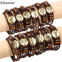 

ELESSICAL Retro Colorful Bronze Twelve Constellation Buckle Punk Couple Woven Leather Bracelet Jewelry For Women Men