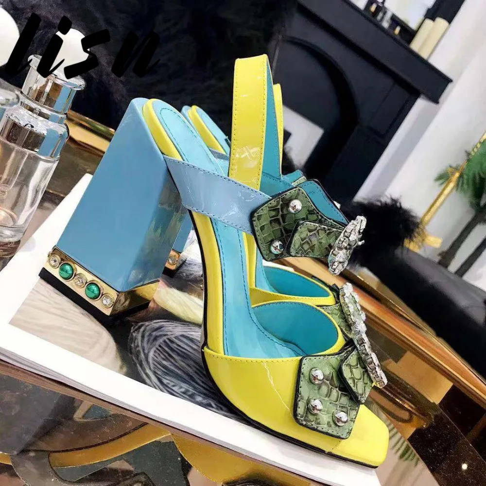 

LISN New Snakeskin Genuine Leather Crystal Buckle Strap Summer Sandals Open Toe Thick Heel HIgh Heel Pumps Shoes Women