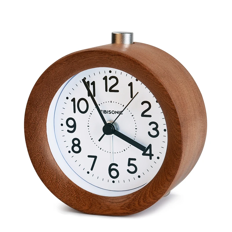  FiBiSonic Mute Sweep Movement Snooze Small Round Classic Wood Alarm Clock Silent Desk Alarm Clock W