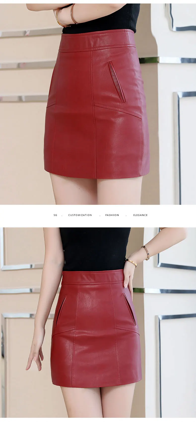 Spring Office Lady Women's Short Skirt Red Black Plus Size 4XL A-line Sexy Leather Jacket High Waist Pocket Mini Skirt