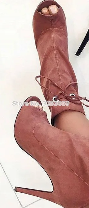 ALMUDENA/женские ботинки до середины икры на шпильках; цвет синий, белый модельные ботинки на шнуровке с открытым носком обувь с оборками, украшенная маленькими отверстиями - Цвет: as picture