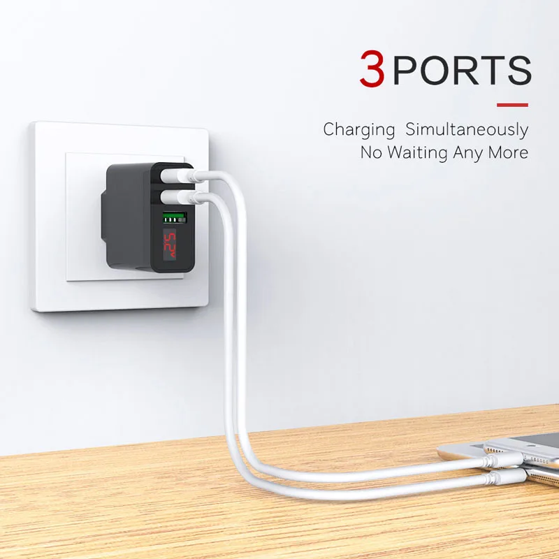 Mobile Phone Charger YKZ LED Display 3 USB Charger for iPhone Samsung Xiaomi Travel Wall Charger for Phone Charging Usb Adapter Mobile Phone Charger YKZ LED Display 3 USB Charger for iPhone Samsung Xiaomi Travel Wall Charger for Phone Charging Usb Adapter