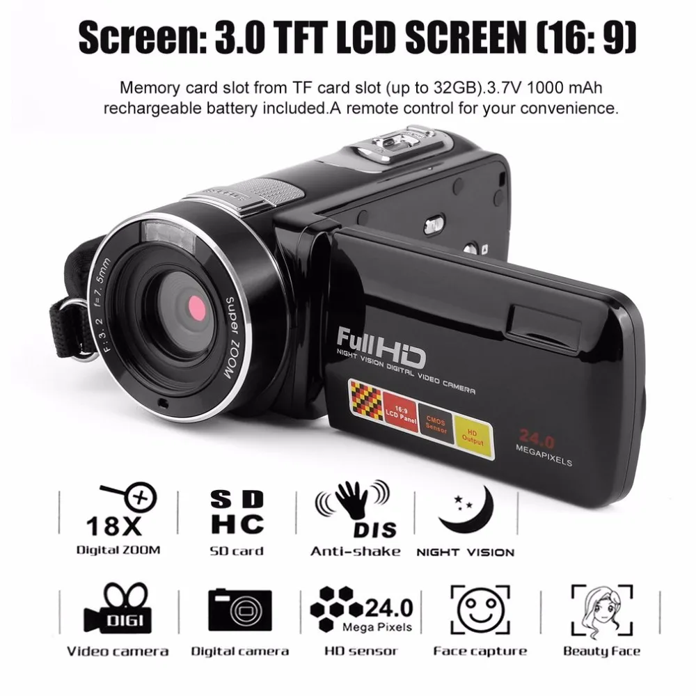 

2019 New HOT Portable Night Vision Full HD 1920 x 1080 3.0 Inch 24MP LCD Touchscreen 18X Zoom Digital Video Camera Camcorder DV