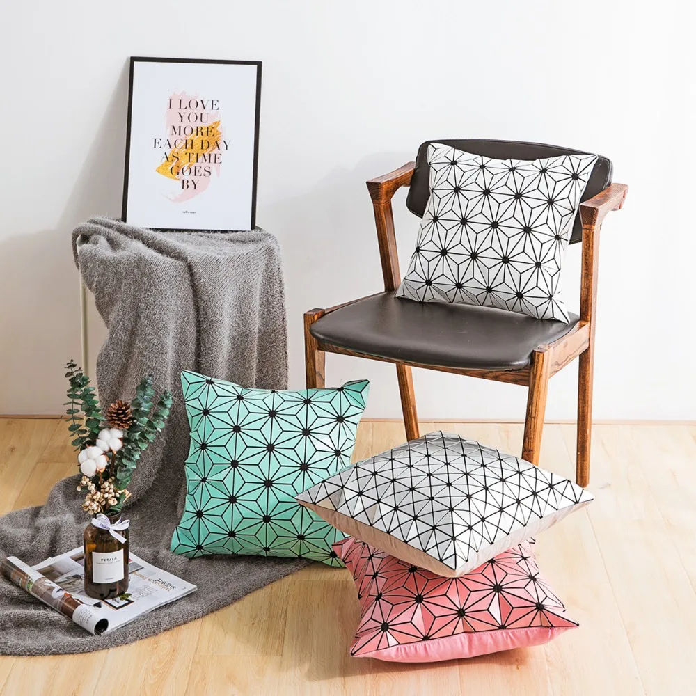 

Original unique INS PU leather solid geometry cushion cover white gray red green modern pillow cover hotel home decor pillowcase