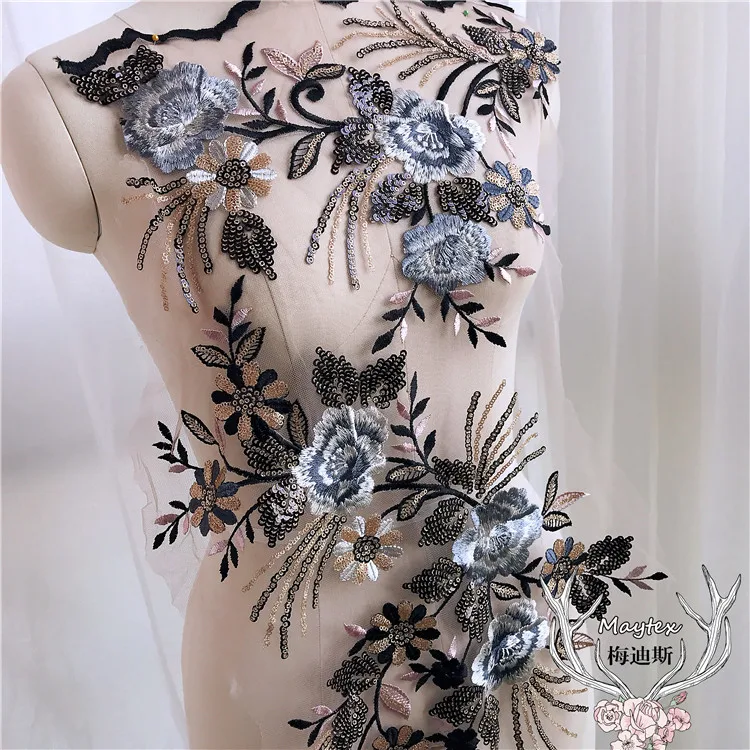 Изделие 3D кружева горячей дрель ткань с вышивкой блестками, бисером и кружевом наклейки цветочной аппликацией для DIY свадебное платье 1 шт. =
