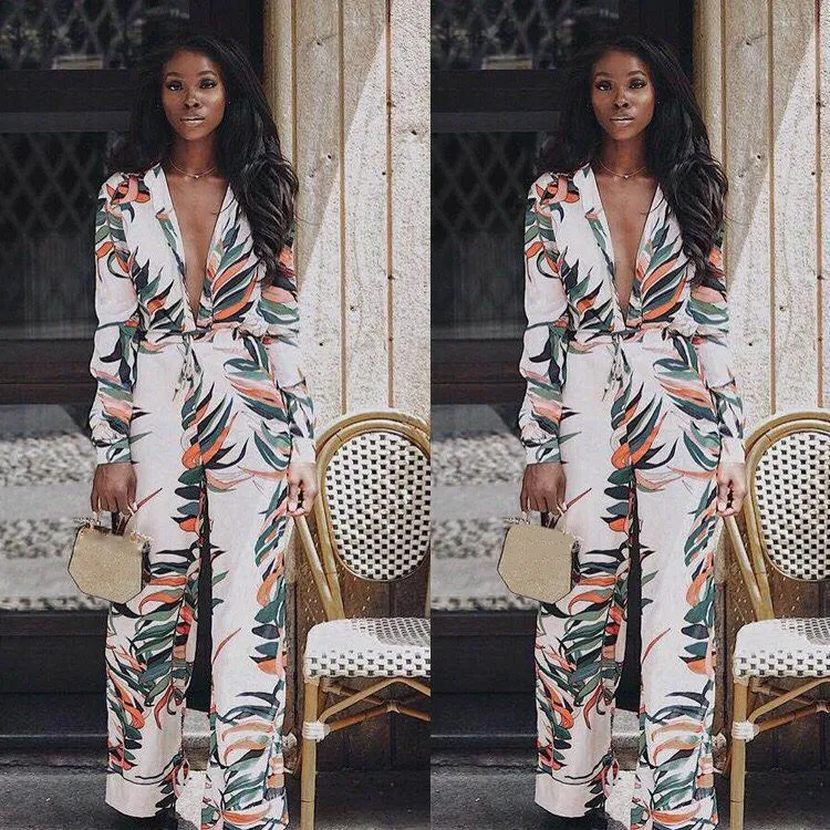 

Women Jumpsuits Floral Clothing Party Clothes Sexy Women Long Sleeve Deep V Jumpsuit Print Female Romper Playsuit Trousers