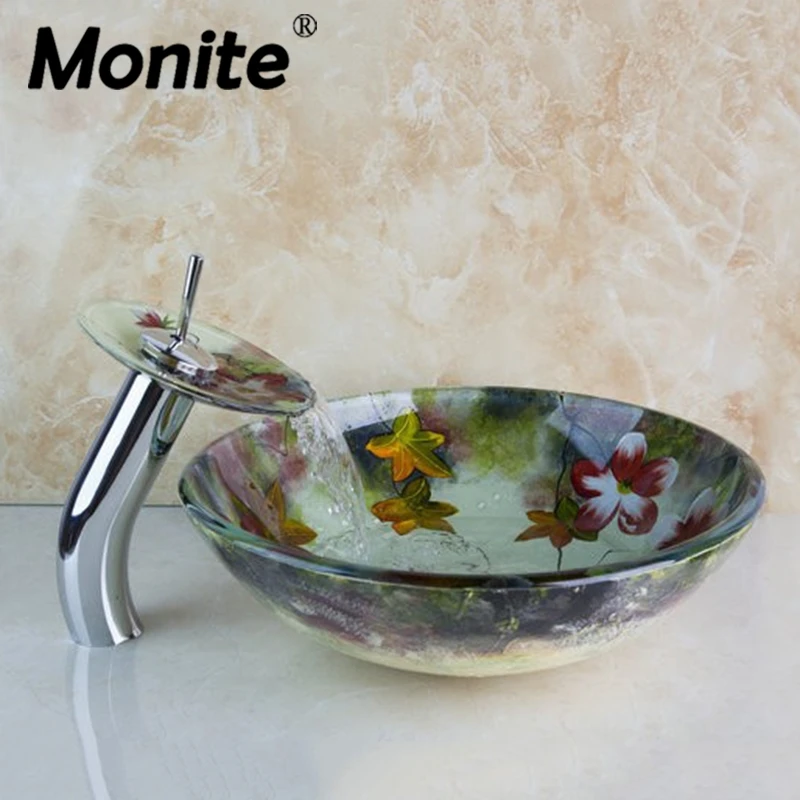 Chrome Flower Basin Faucets Waterfall Bathroom Art Round Washbasin Lotus Tempered Glass Vessel Sink Set