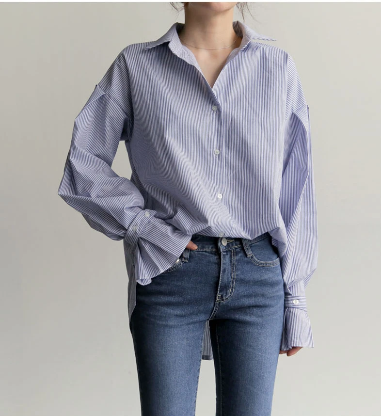 

2017 women's autumn cotton long sleeve butterfly sleeve turn down collar single breasted long striped blouse female casual shirt