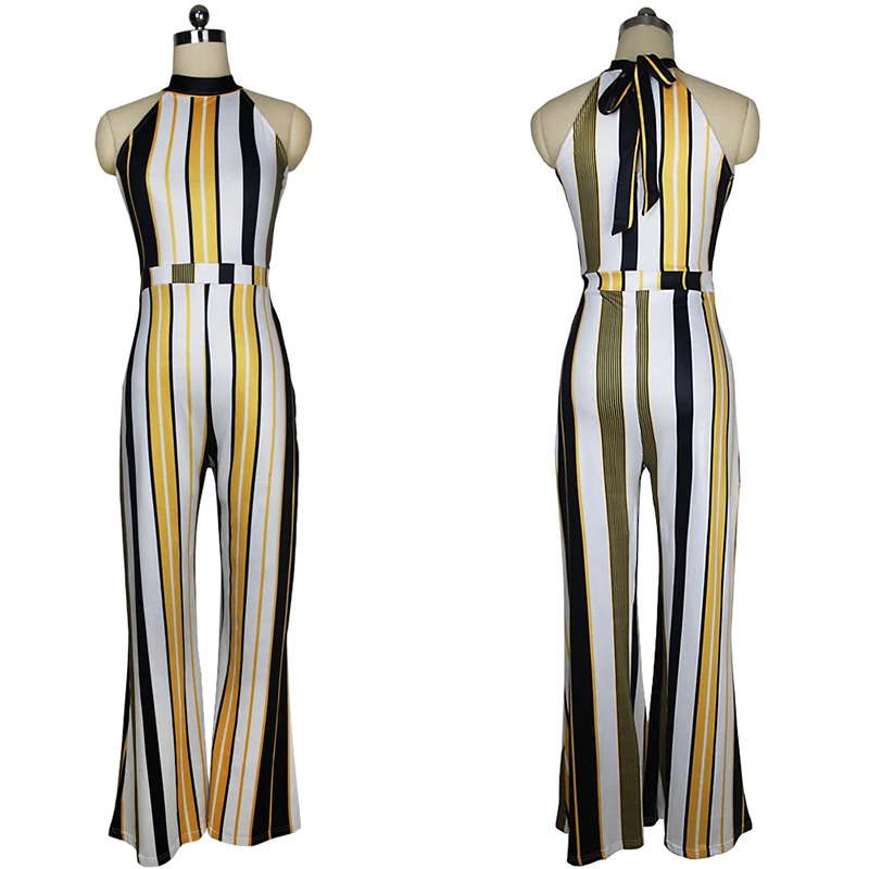 2019 New Sexy One Piece ROMPERS WOMENS JUMPSUIT STRIPED Elegant Long Wide Leg Pants Halter Loose Overalls Party Colorful Summer 