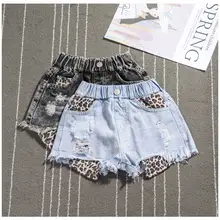 Новые летние рваные джинсы для маленьких девочек от 2 до 8 лет шорты с леопардовым принтом свободные шорты для малышей Детские черные и синие джинсовые штаны